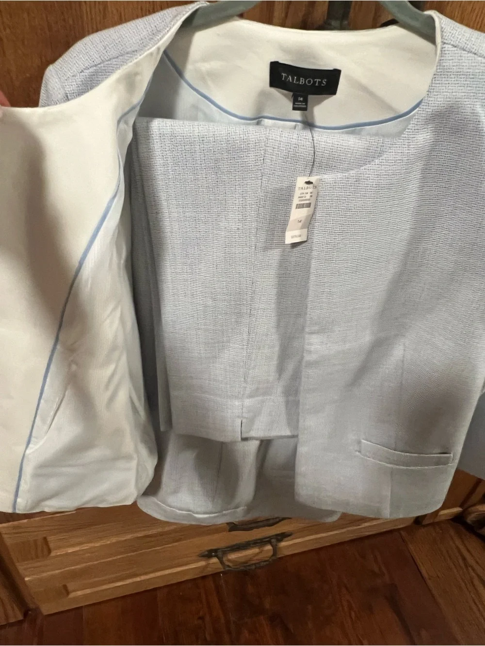 Talbots Pale Blue Collarless lightweight Tweed Blazer and Slim Ankle Pants (14)